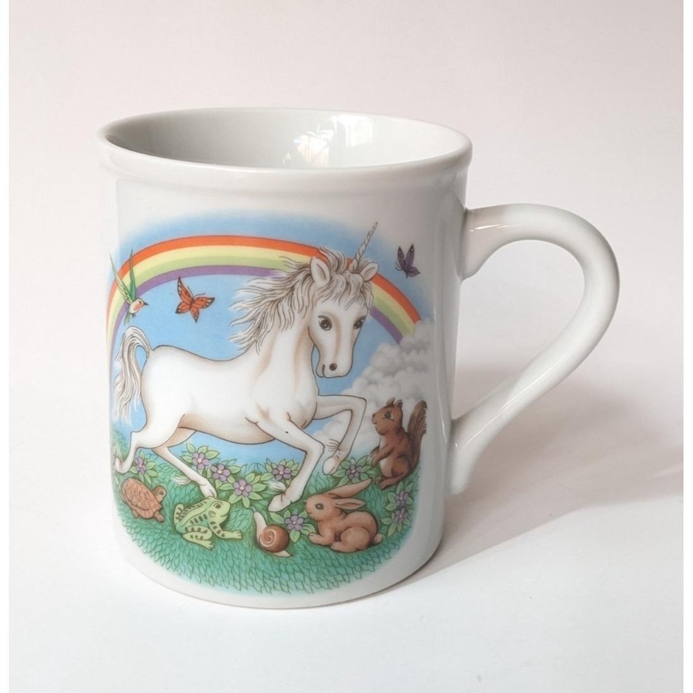 Vintage 1980s Unicorn Mug Rainbow Woodland Animals Fantasy Cottagecore Kitsch